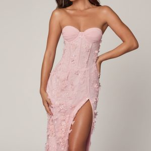 Lace-Up Corset Midaxi Dress with Split in Soft Pink