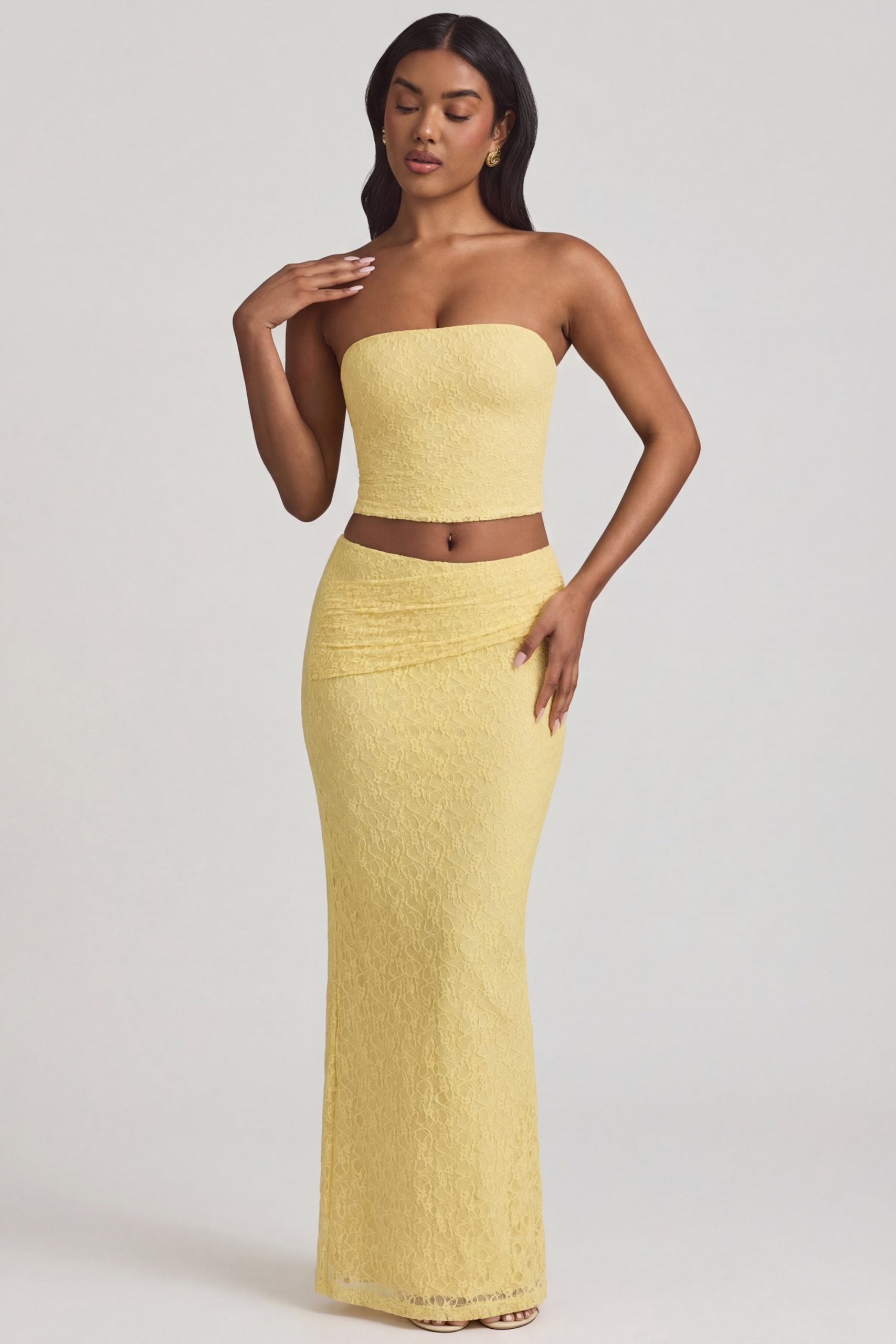 Ruched Strapless Lace Top in Pastel Yellow - Image 6