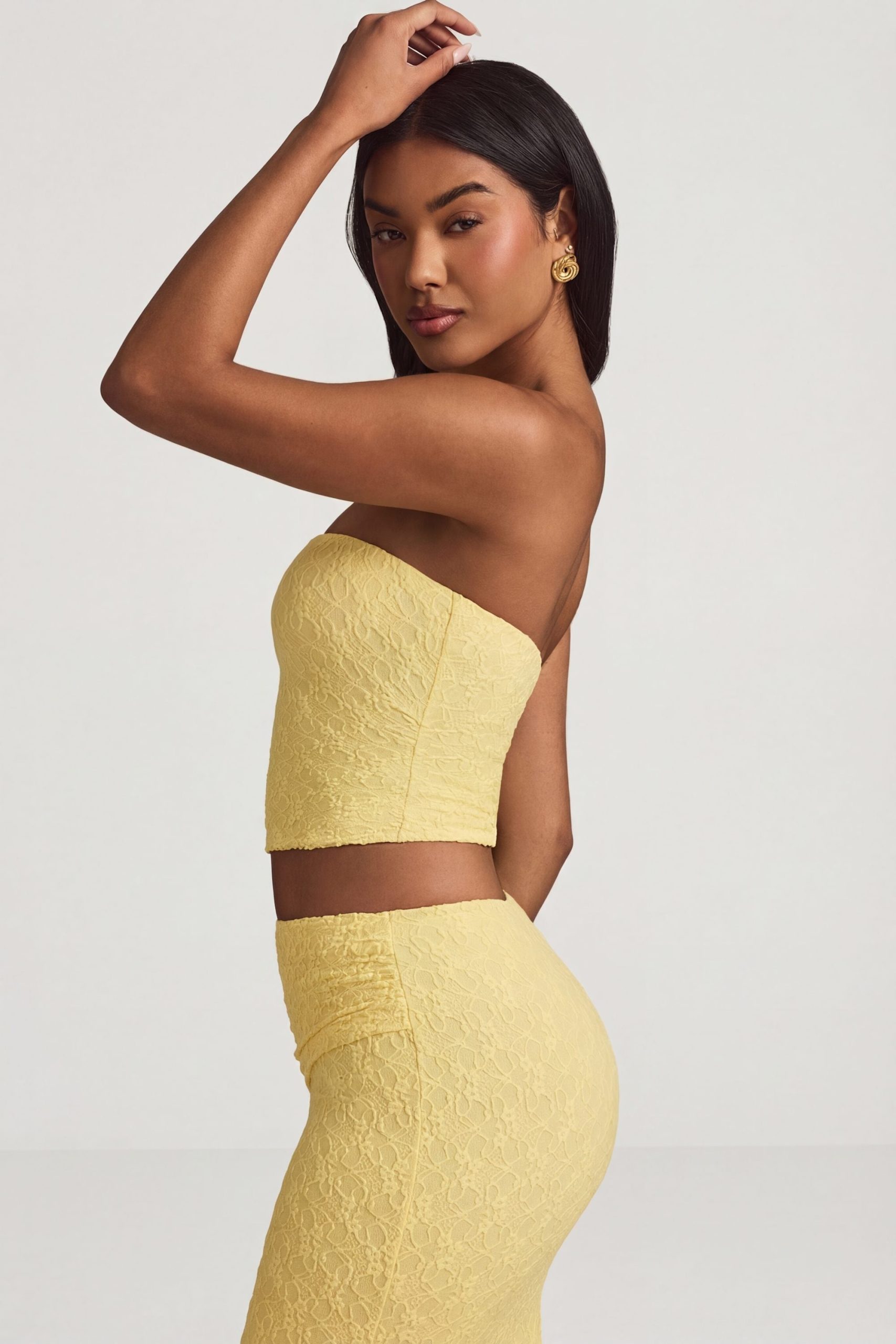 Ruched Strapless Lace Top in Pastel Yellow - Image 3