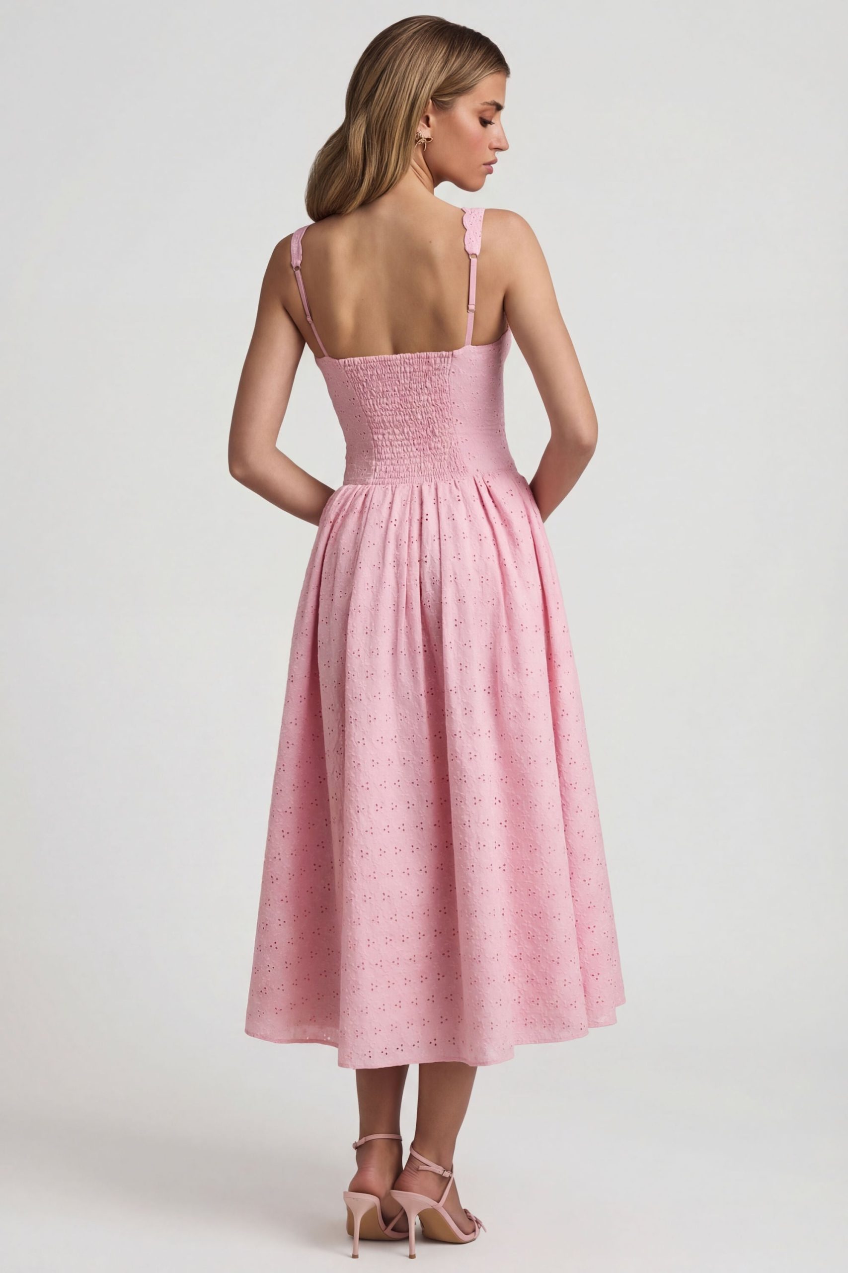 Broderie Anglaise Bow-Detail A-Line Midaxi Dress in Soft Pink - Image 2