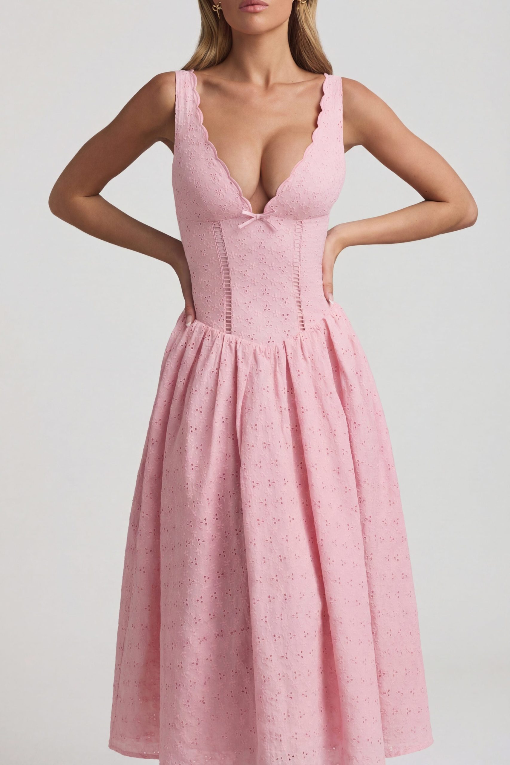 Broderie Anglaise Bow-Detail A-Line Midaxi Dress in Soft Pink - Image 4
