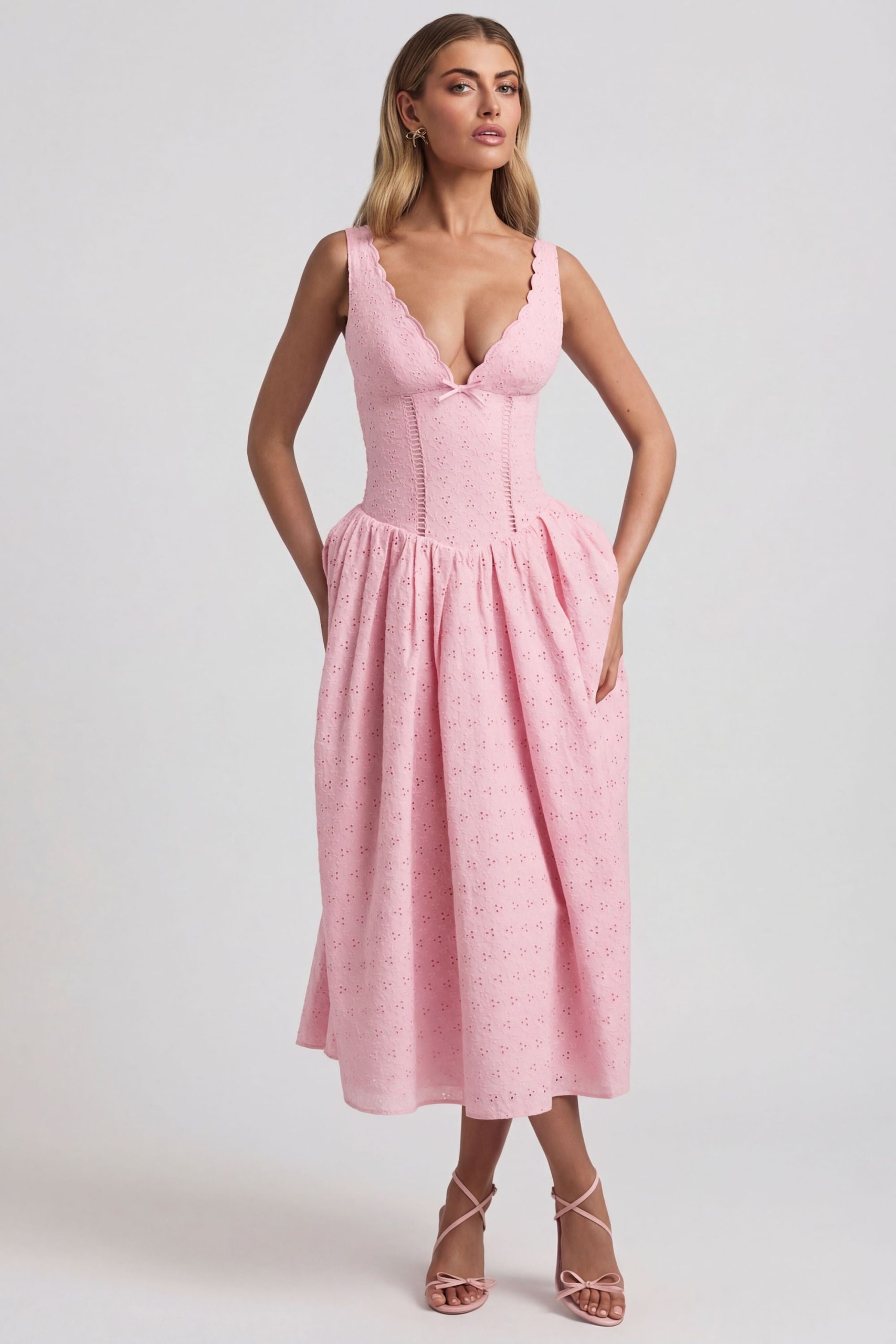 Broderie Anglaise Bow-Detail A-Line Midaxi Dress in Soft Pink - Image 9