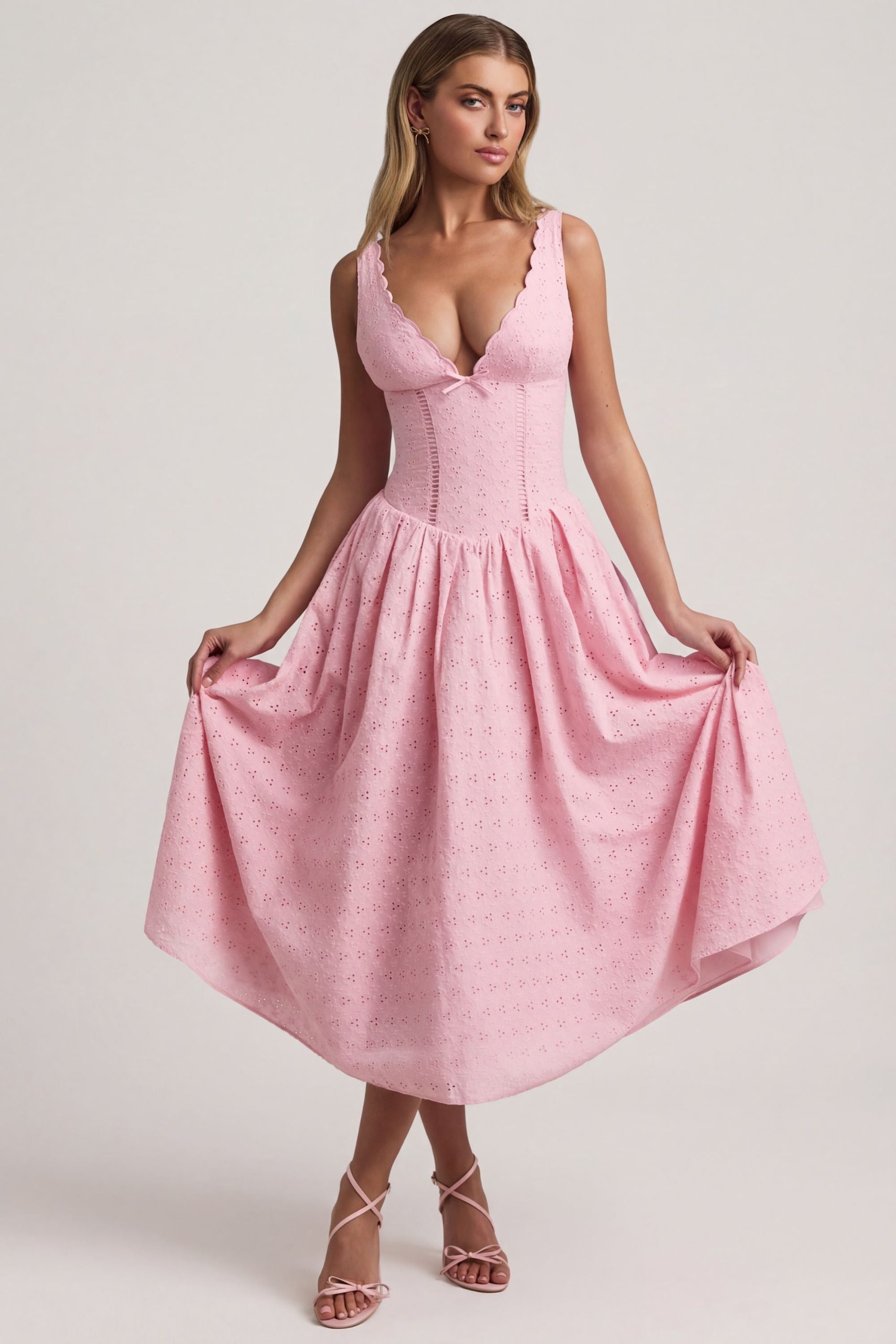 Broderie Anglaise Bow-Detail A-Line Midaxi Dress in Soft Pink - Image 5