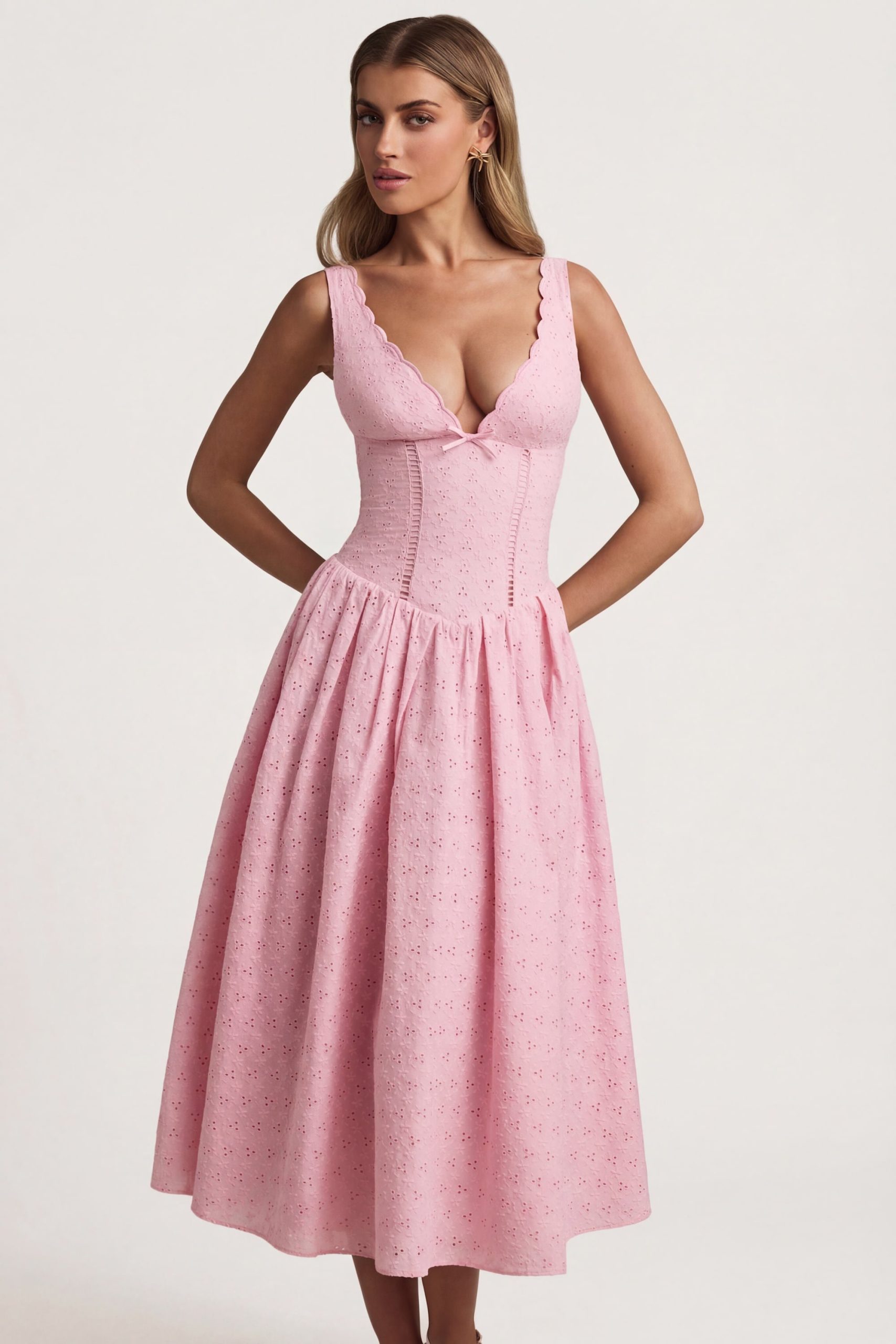 Broderie Anglaise Bow-Detail A-Line Midaxi Dress in Soft Pink - Image 7