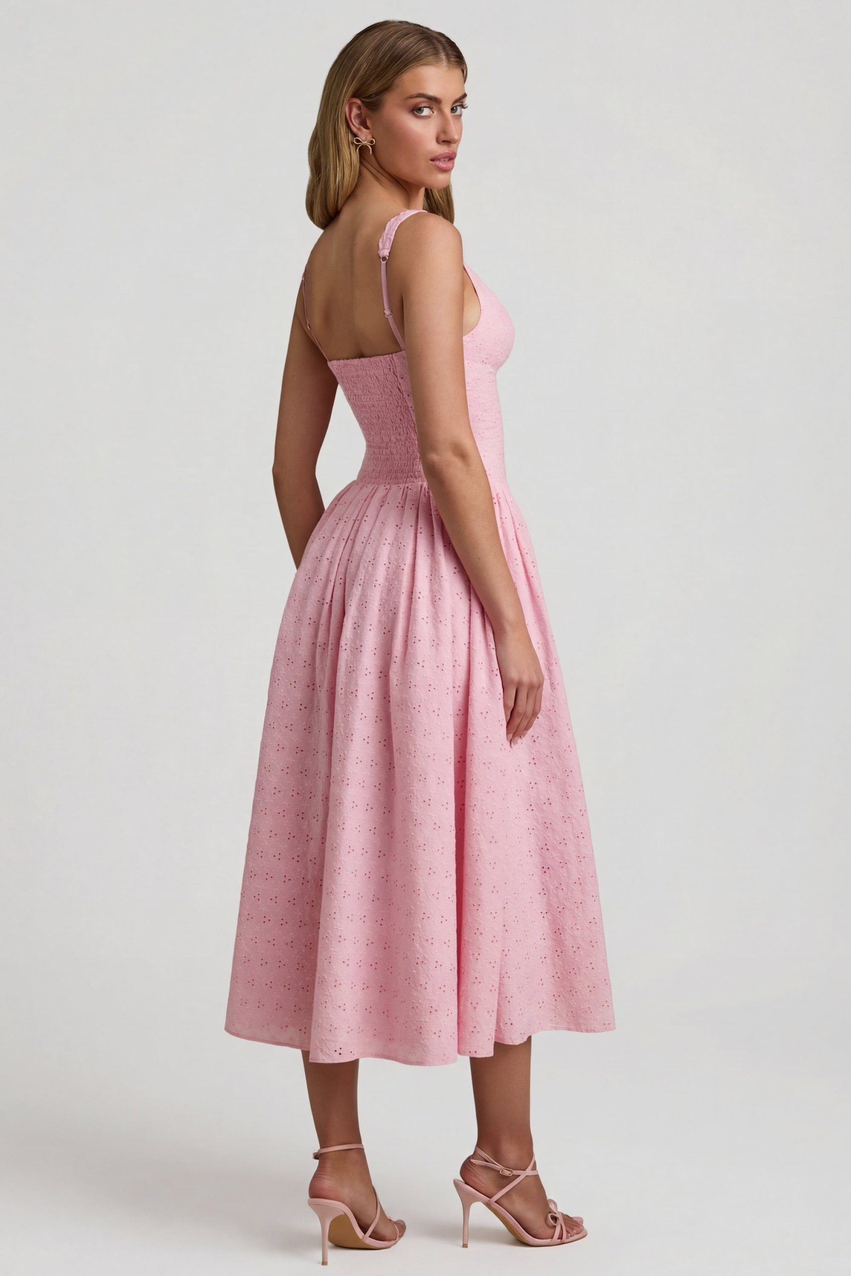 Broderie Anglaise Bow-Detail A-Line Midaxi Dress in Soft Pink - Image 6