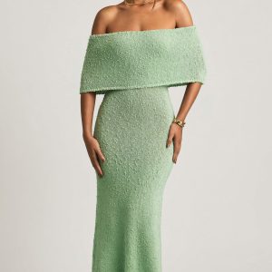 Boucl?? Off-Shoulder Maxi Dress in Mint