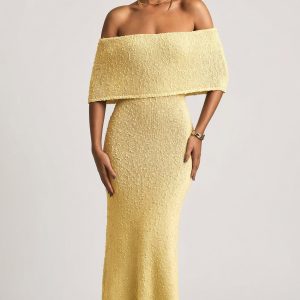 Boucl?? Off-Shoulder Maxi Dress in Yellow