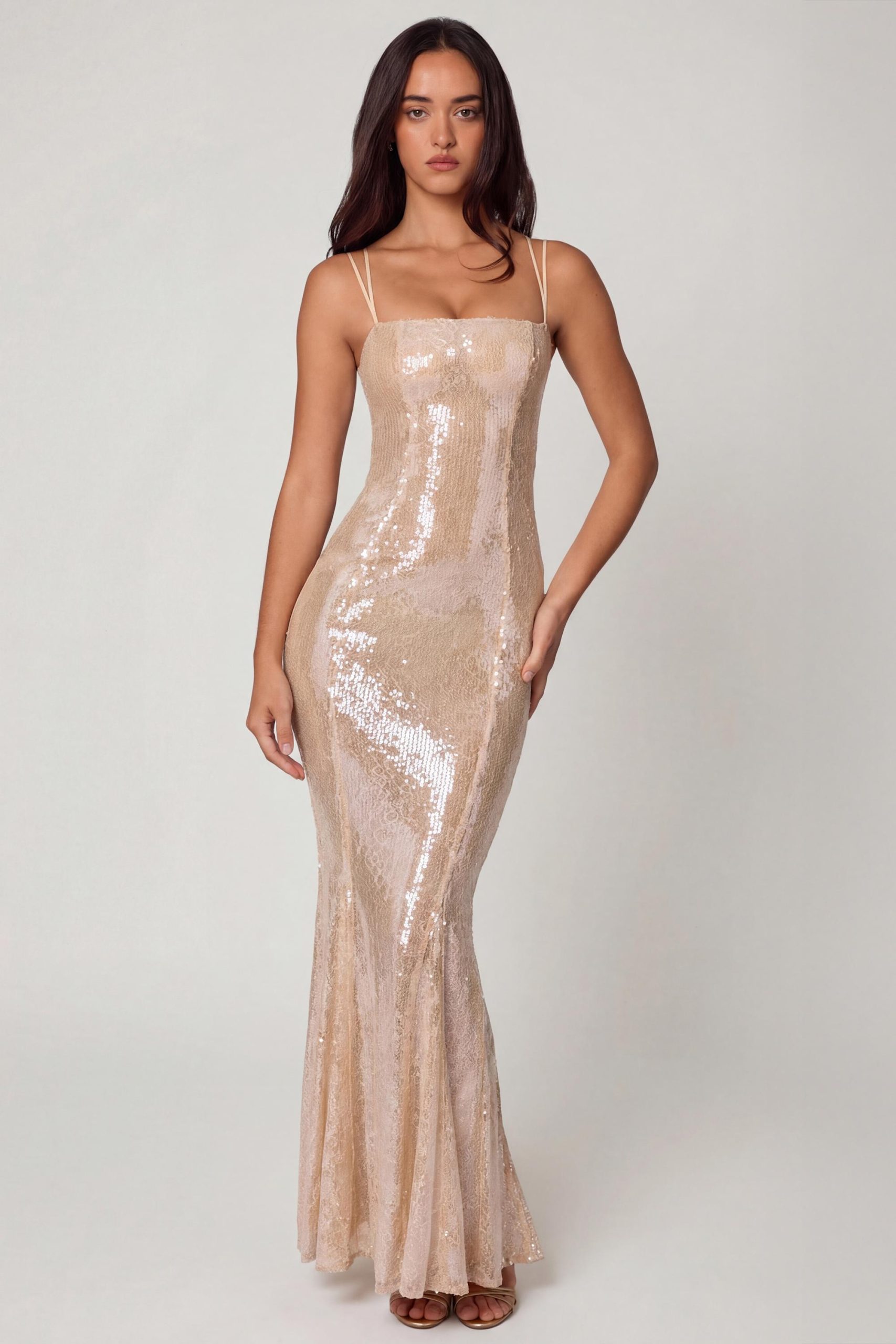 Embellished Square Neck Lace Gown in Pale Peach