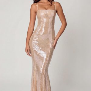 Embellished Square Neck Lace Gown in Pale Peach