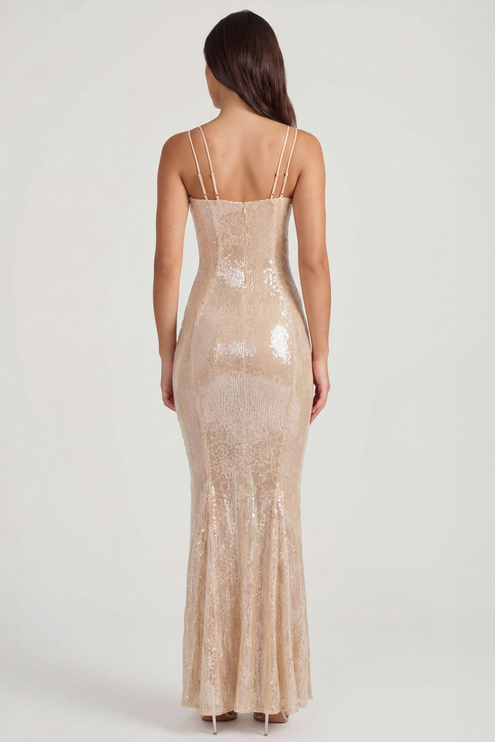 Embellished Square Neck Lace Gown in Pale Peach - Image 2