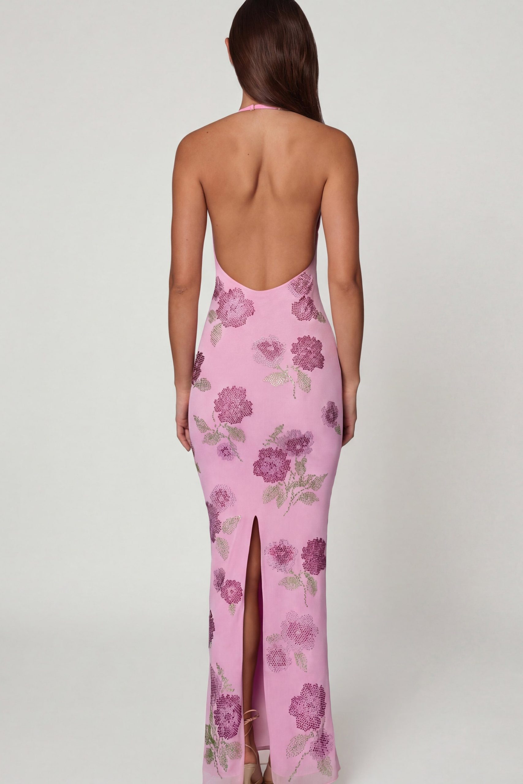 Embellished Halterneck Maxi Dress in Soft Pink - Image 2