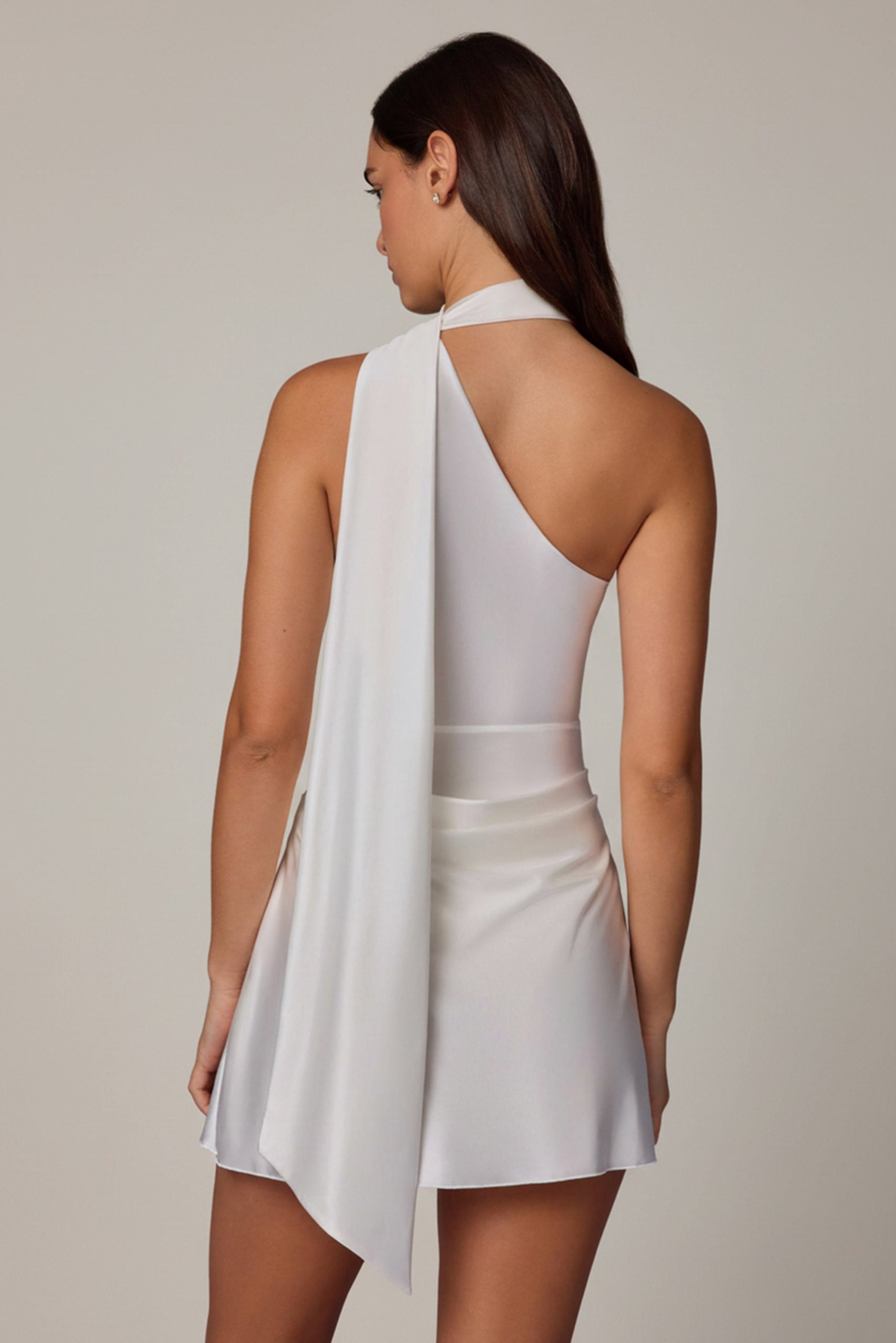 Asymmetric Scarf-Detail Mini Dress in White - Image 2
