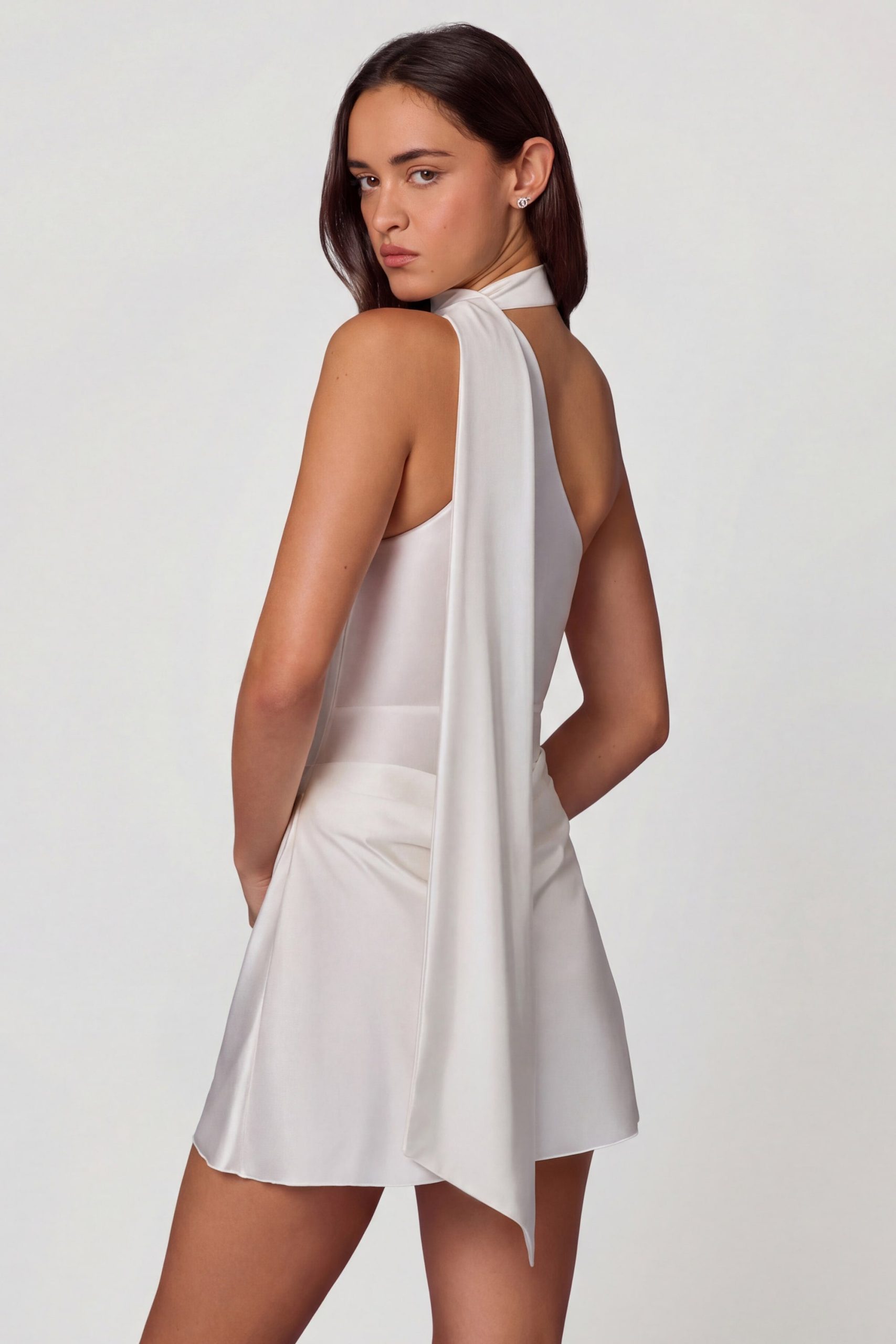 Asymmetric Scarf-Detail Mini Dress in White - Image 8