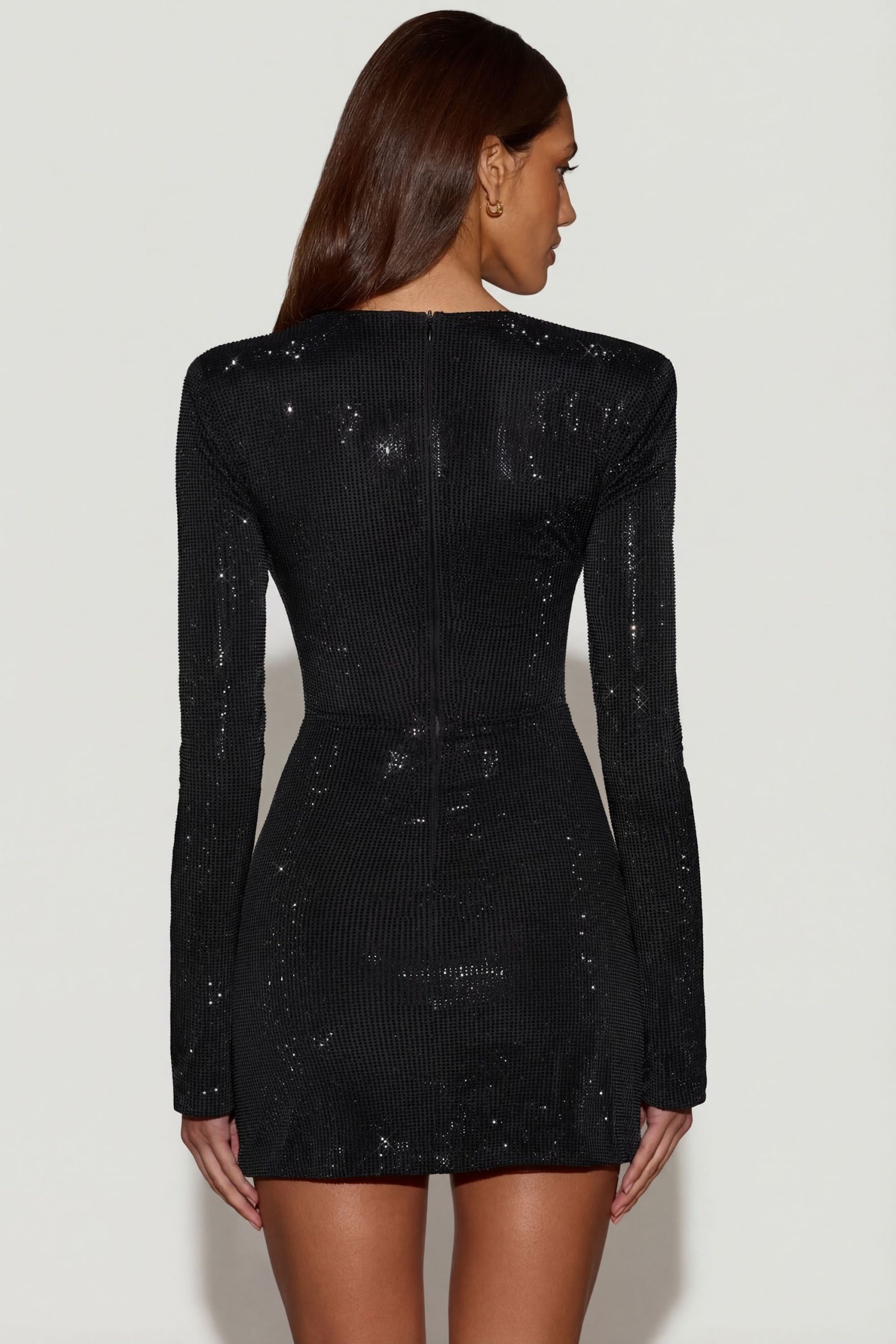 Embellished Asymmetric Bodycon Mini Dress in Black - Image 2