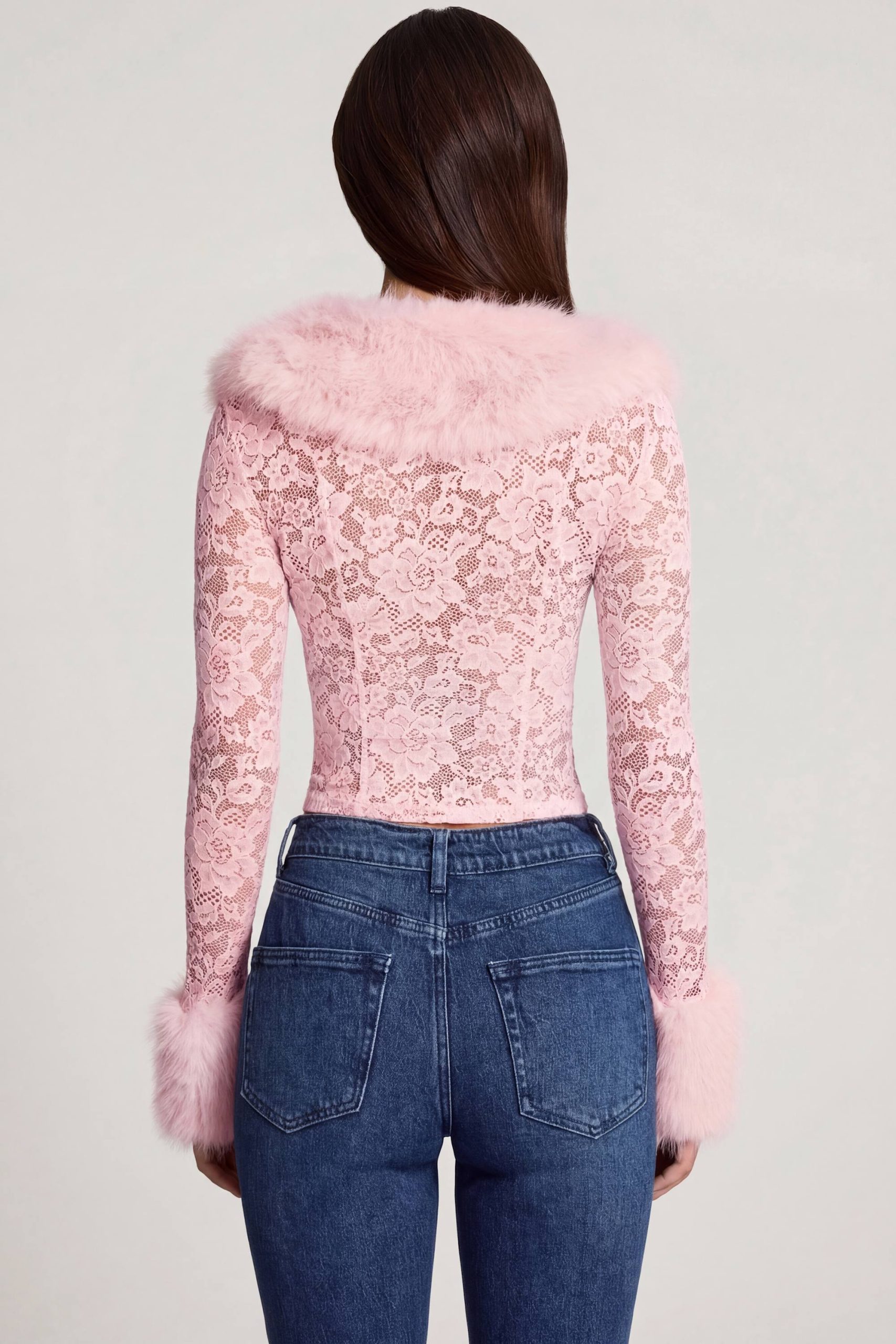 Sheer Lace Faux-Fur-Trim Cardigan in Pink - Image 2