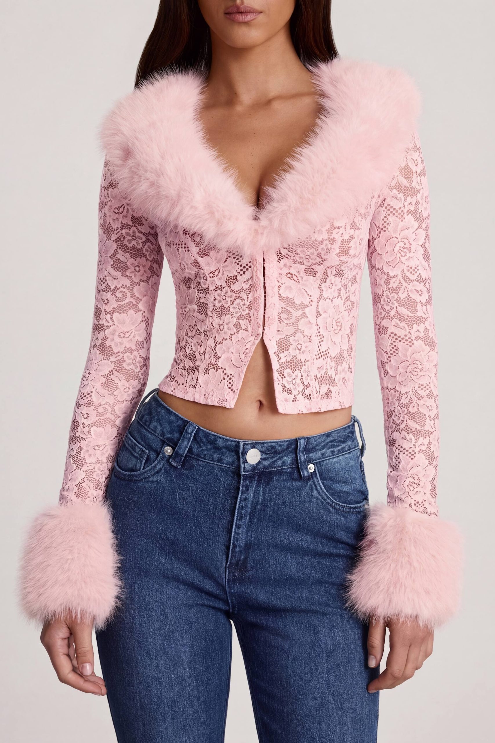 Sheer Lace Faux-Fur-Trim Cardigan in Pink - Image 4