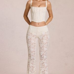 Sheer Lace Mid-Rise Flared Trousers in Ivory
