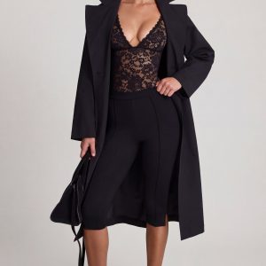 Sheer Lace Scalloped Plunge-Neck Bodysuit in Black