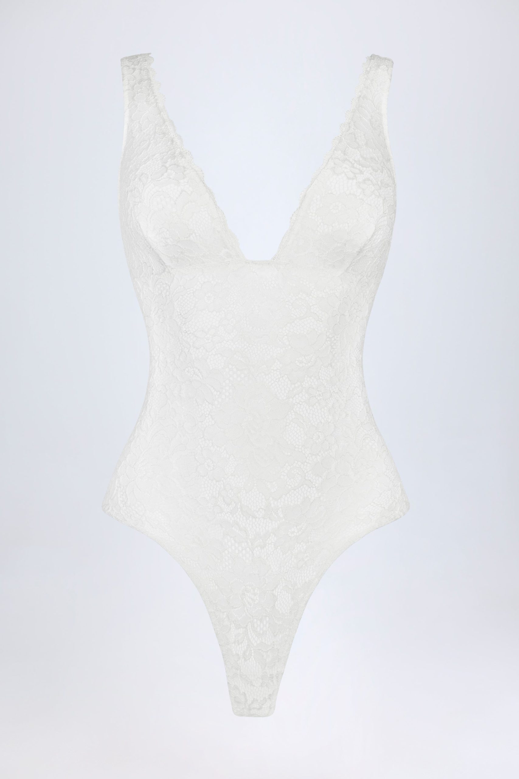 Sheer Lace Scalloped Plunge-Neck Bodysuit in White - Image 7