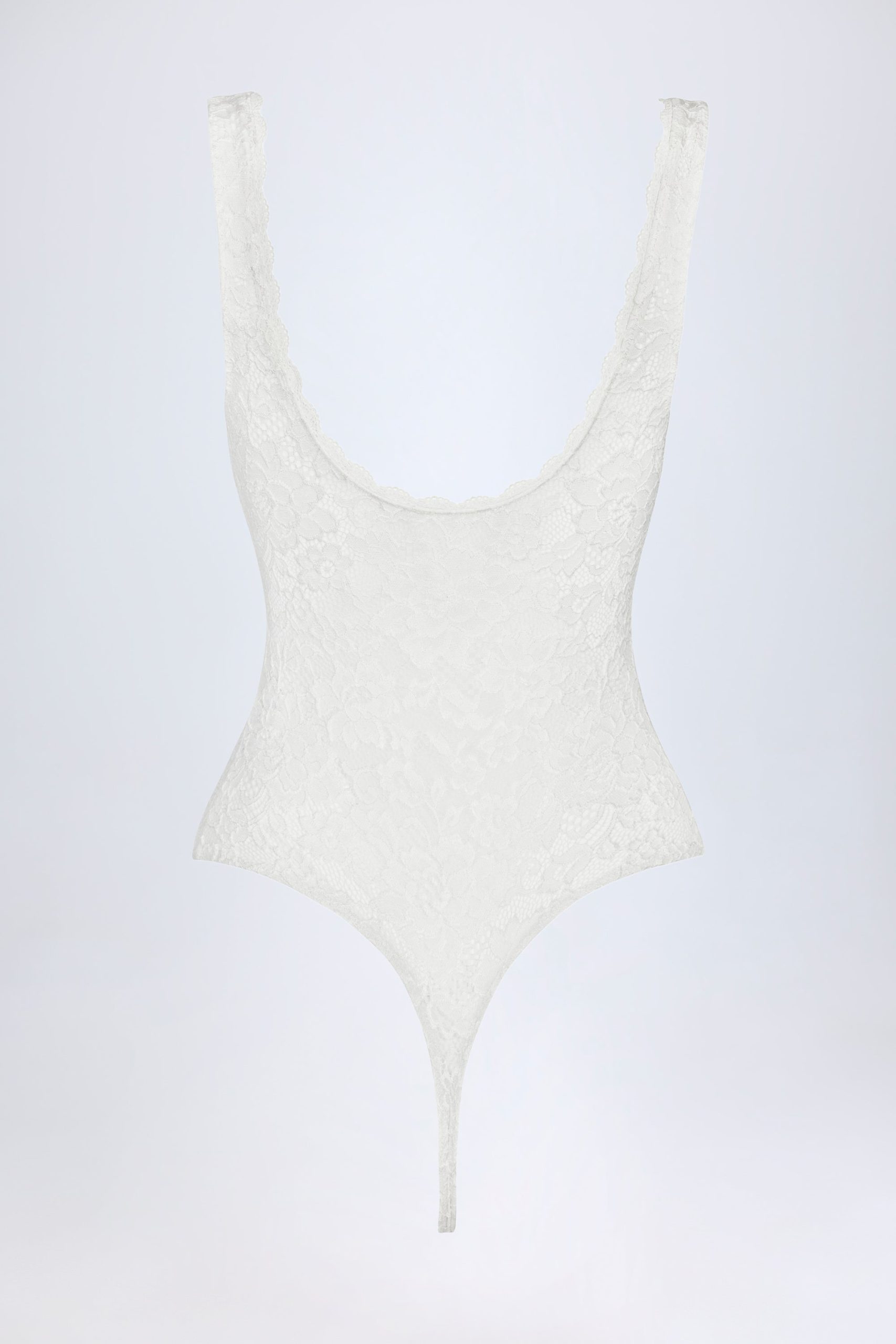 Sheer Lace Scalloped Plunge-Neck Bodysuit in White - Image 8