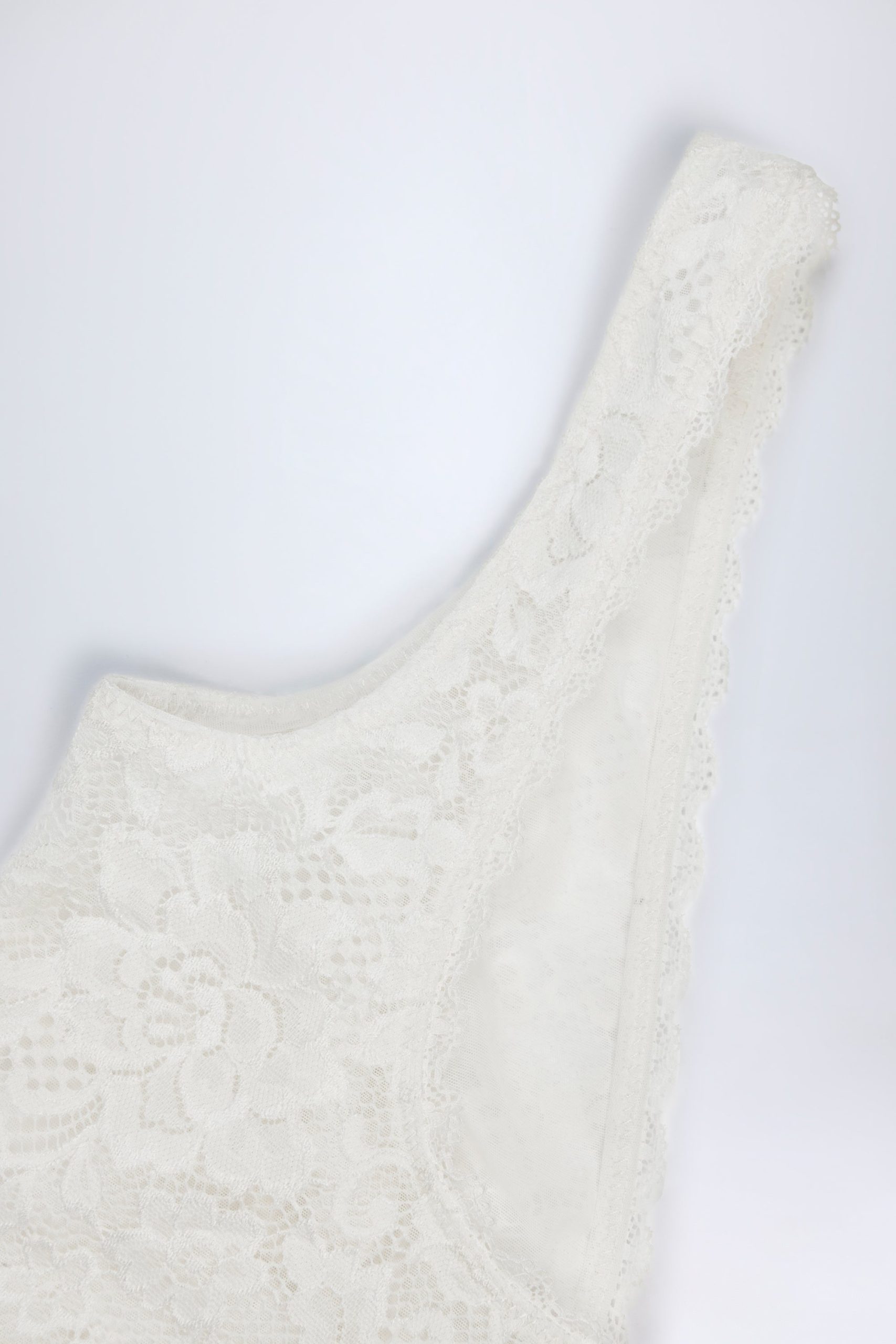 Sheer Lace Scalloped Plunge-Neck Bodysuit in White - Image 9