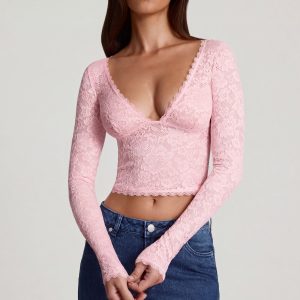 Sheer Lace Plunge-Neck Long-Sleeve Top in Pink