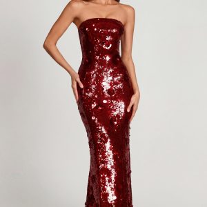 3D Embellished Bandeau Maxi Dress in Red