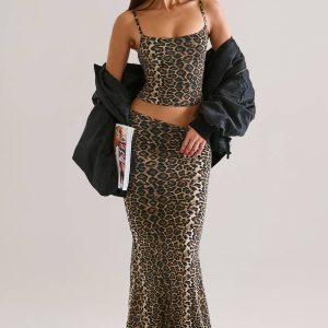 Modal Mid-Rise Fishtail Maxi Skirt in Leopard Print