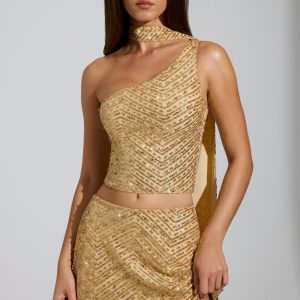 Embellished Asymmetric Scarf-Detail Top in Gold