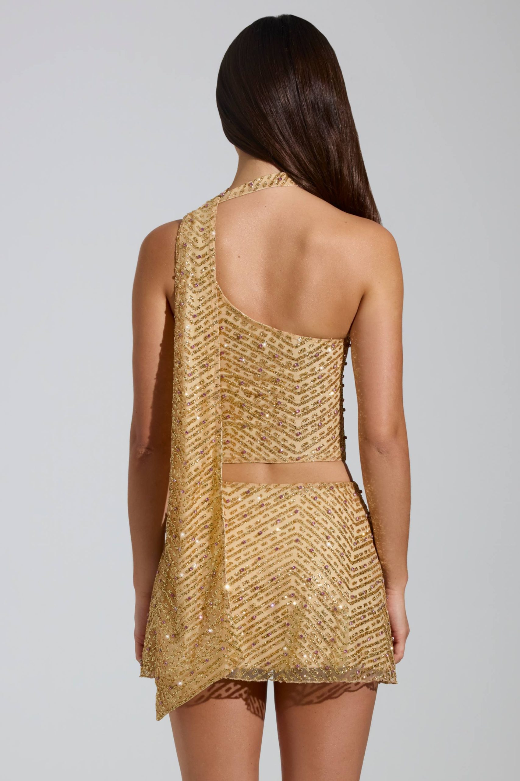 Embellished Asymmetric Scarf-Detail Top in Gold - Image 2