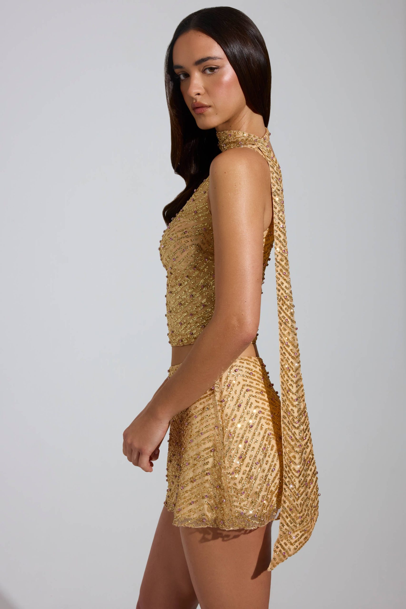 Embellished Asymmetric Scarf-Detail Top in Gold - Image 3
