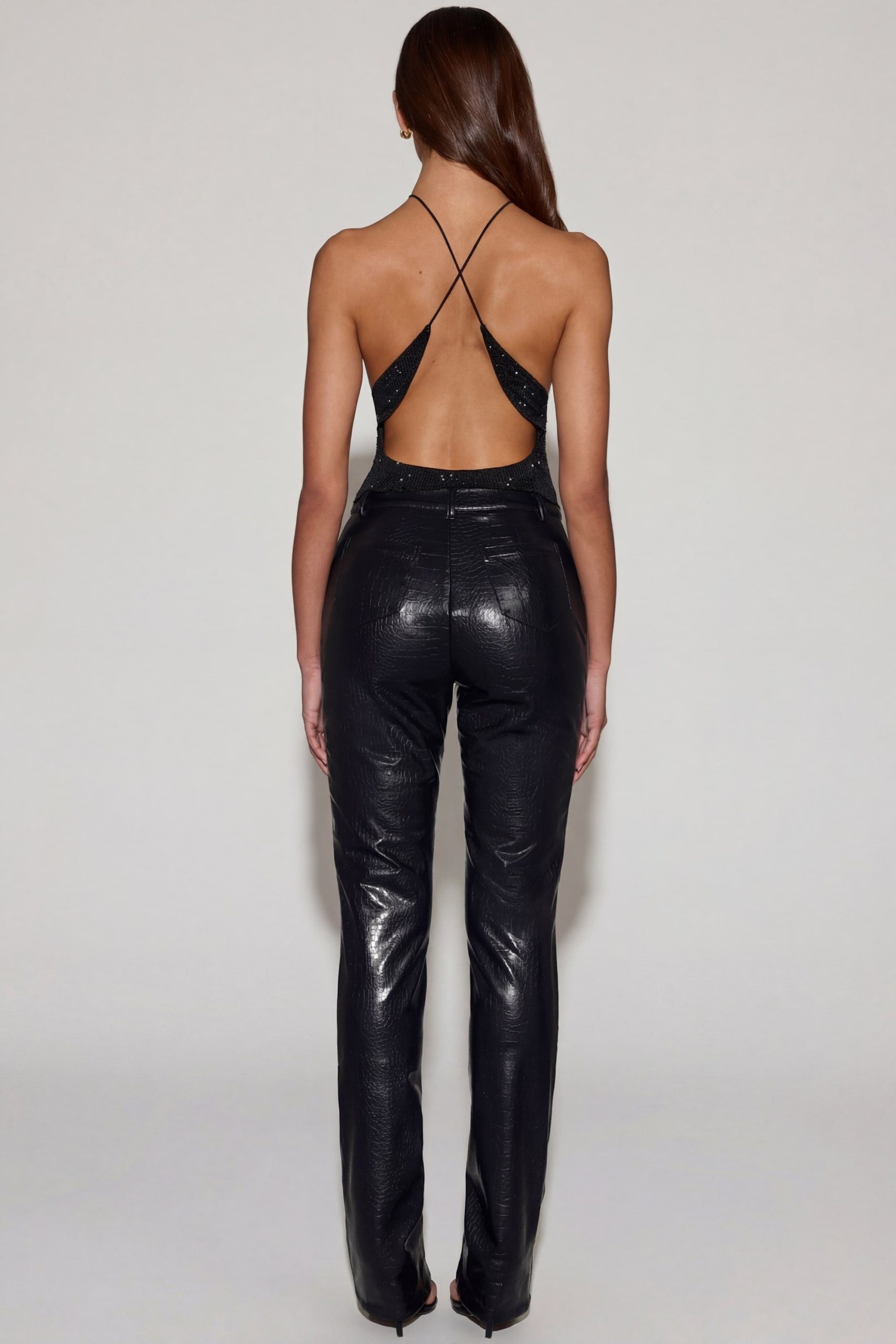 Faux Croc-Leather Straight-Leg Trousers in Black - Image 2