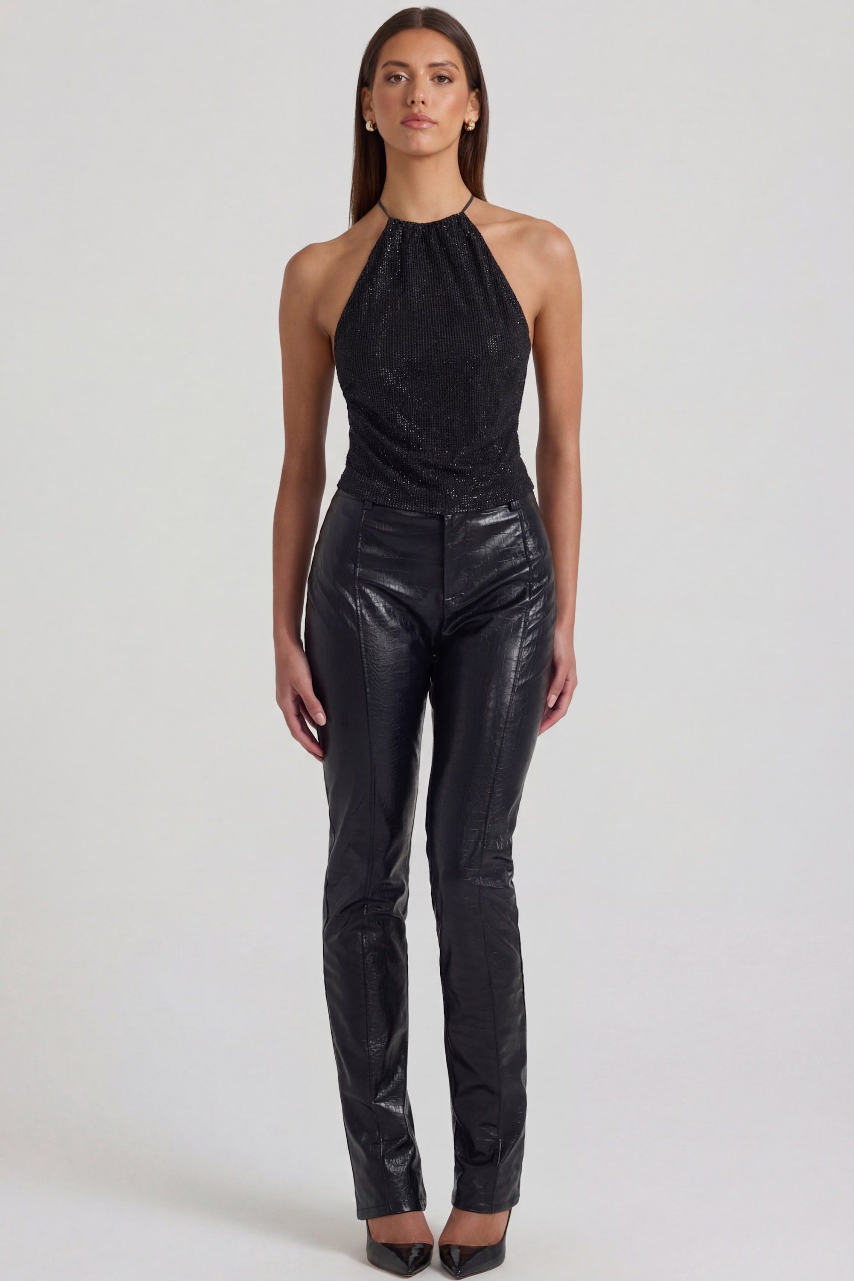 Faux Croc-Leather Straight-Leg Trousers in Black - Image 4