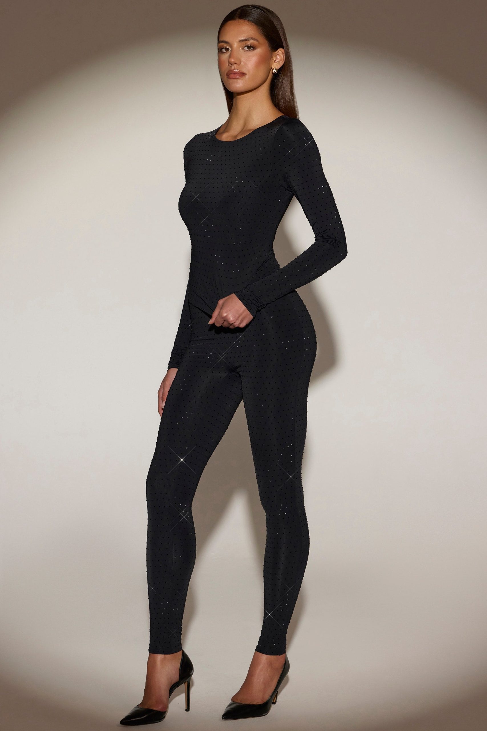 Embellished Crew-Neck Long-Sleeve Top in Black - Image 6