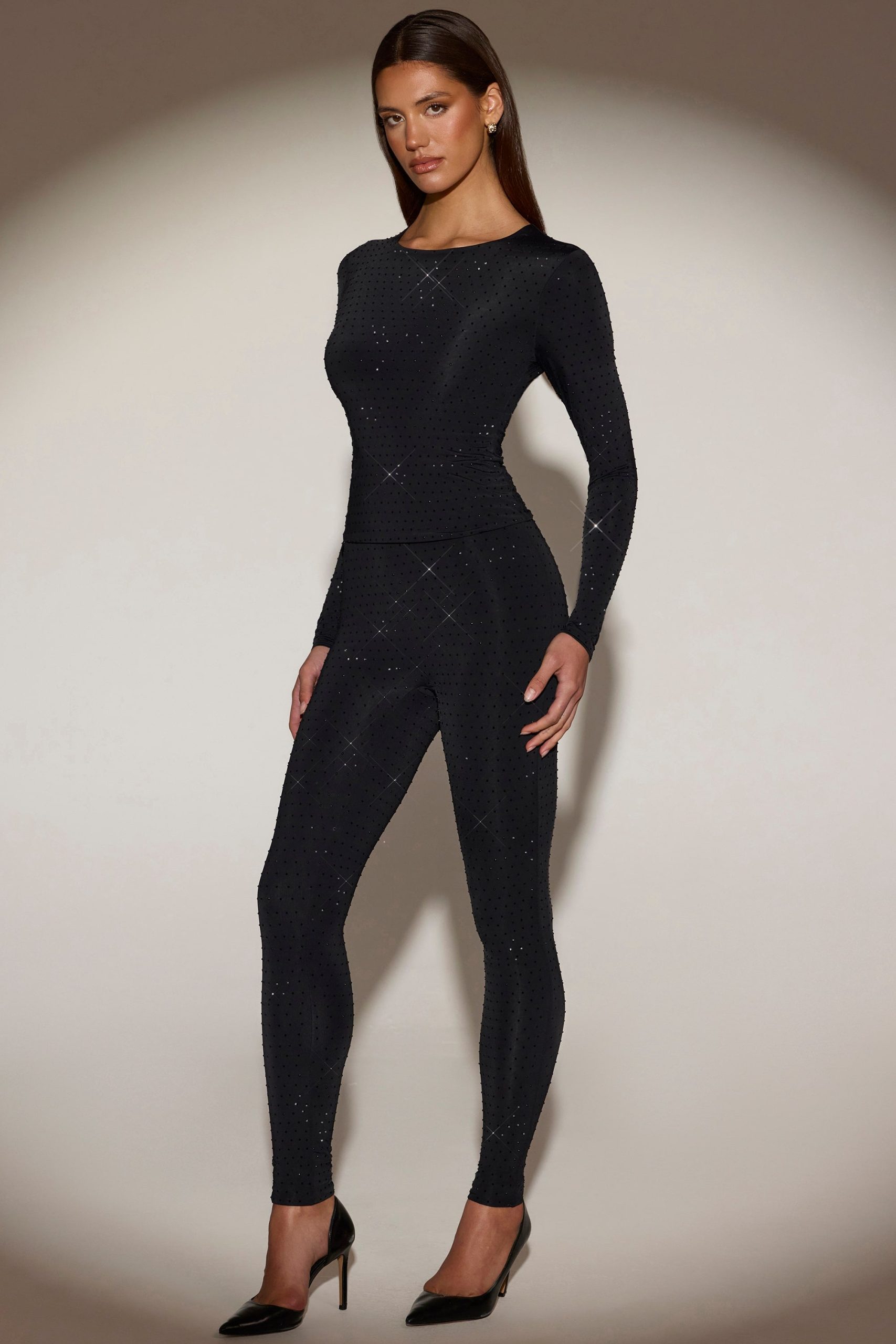 Embellished Crew-Neck Long-Sleeve Top in Black - Image 7