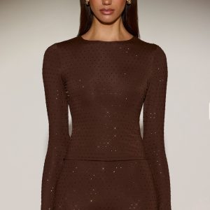 Embellished Crew-Neck Long-Sleeve Top in Chocolate Brown