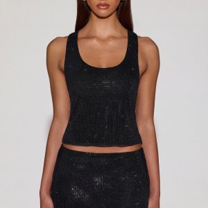 Embellished Jersey Scoop-Neck Racerback Top in Black