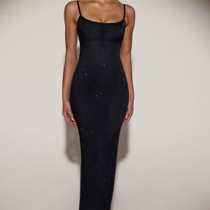 Sheer Embellished Backless Maxi Dress in Black