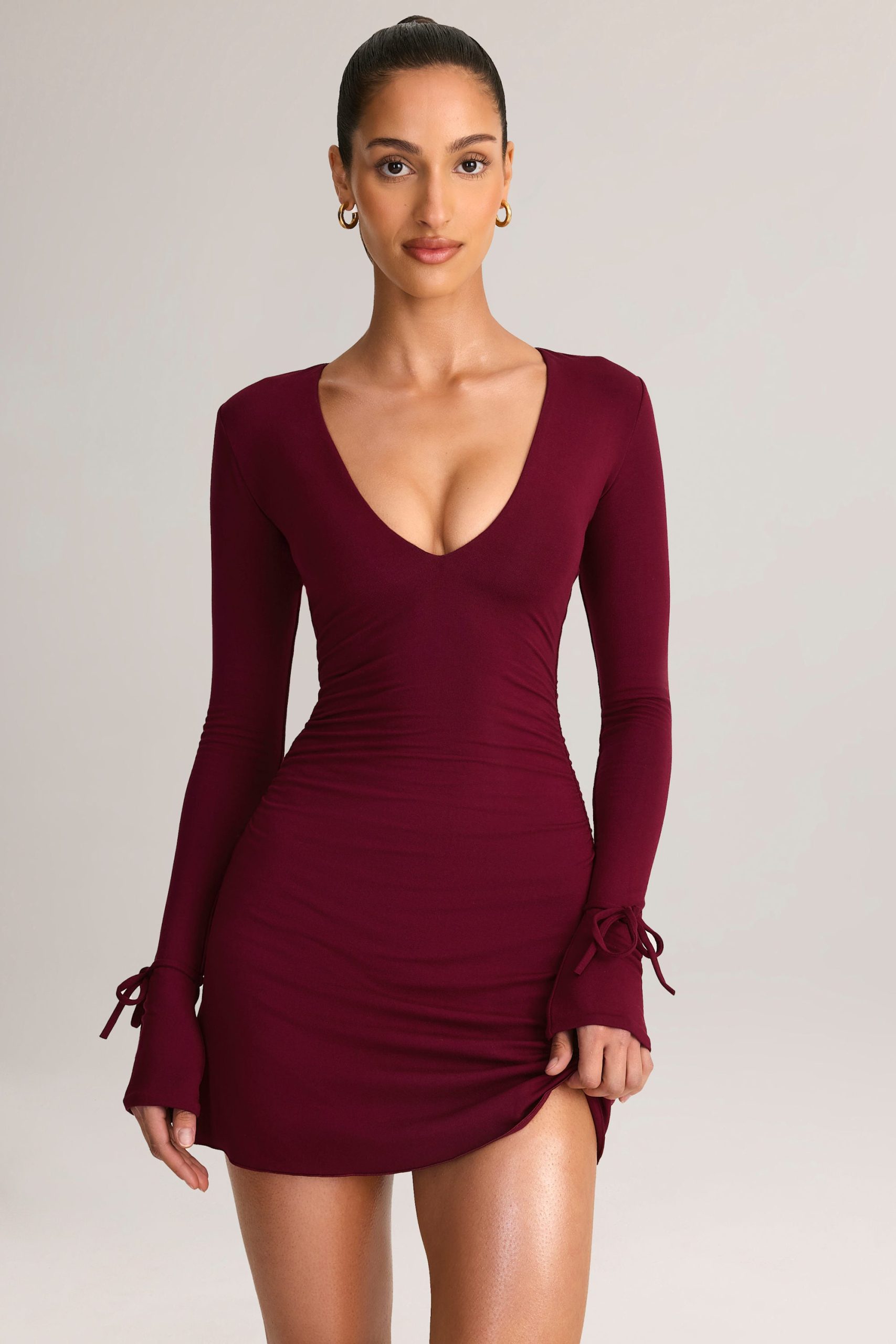 Modal Long-Sleeve Mini Dress in Wine - Image 5
