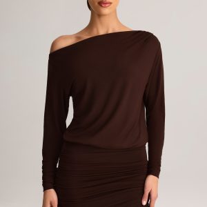 Modal Off-Shoulder Wrap Mini Dress in Chocolate Brown