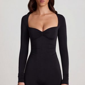 Soft Jersey Sweetheart Long-Sleeve Mini Playsuit in Black