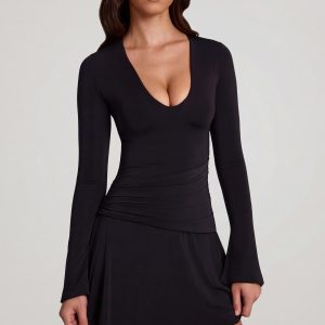 Soft Jersey Scoop-Neck Flared Mini Dress in Black