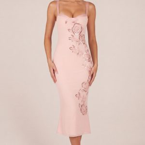 Embellished Peekaboo Fluted-Hem Midaxi Dress in Pink