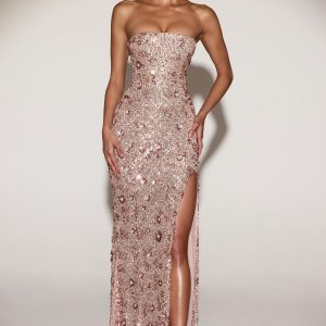 Embellished Bandeau-Neck Strapless Gown in Rose Gold