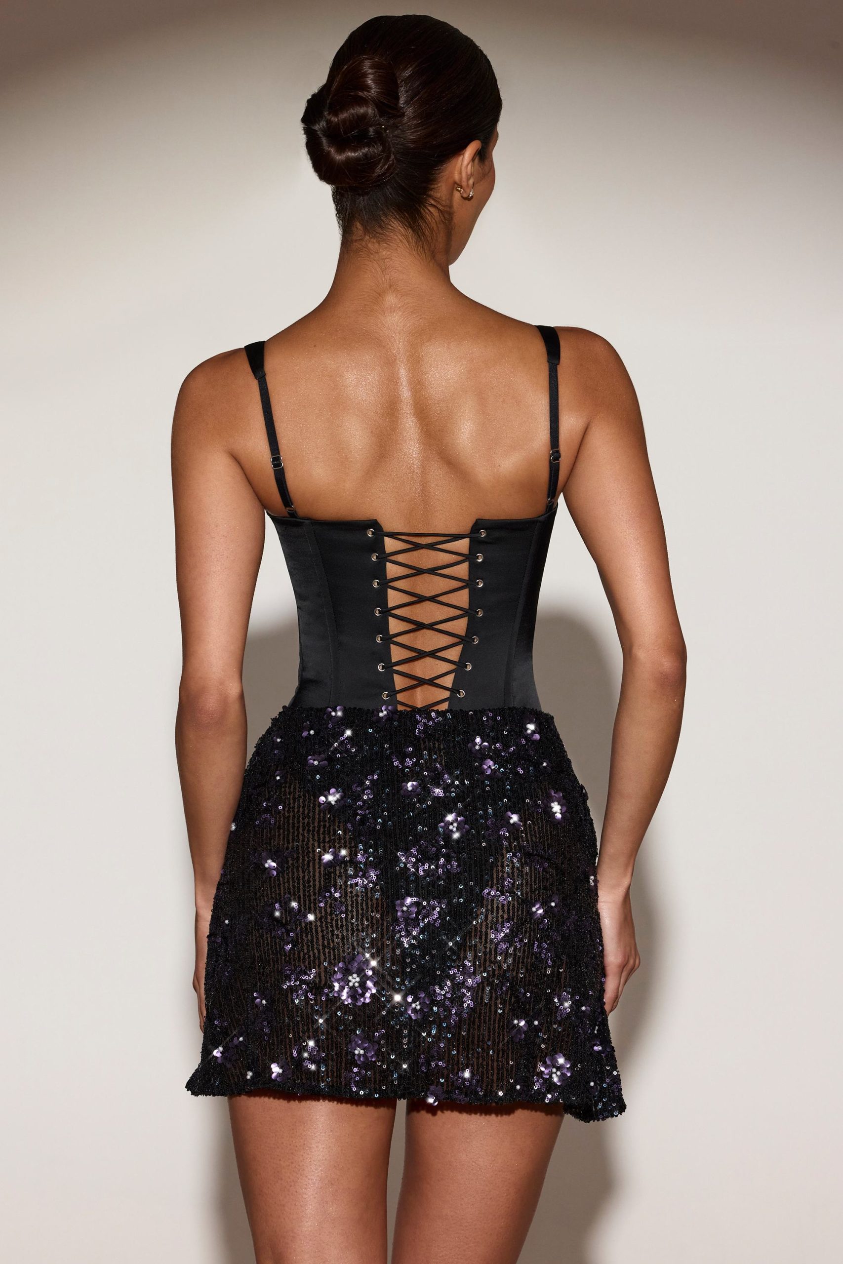 Satin Corset Embellished Skirt Mini Dress in Black Purple - Image 2