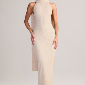 Rib-Knit Scarf-Detail Halterneck Maxi Dress in Cream