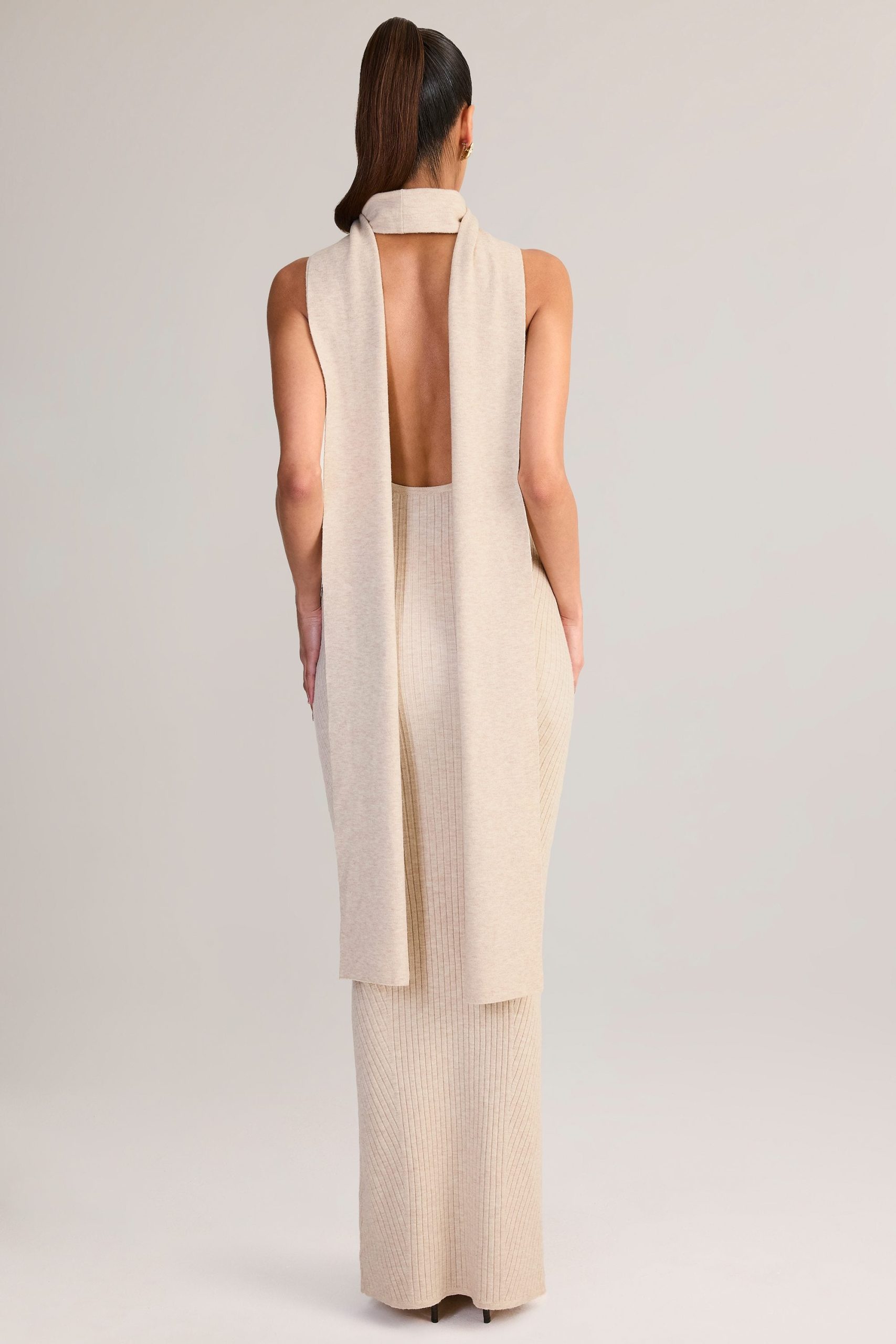 Rib-Knit Scarf-Detail Halterneck Maxi Dress in Cream - Image 2