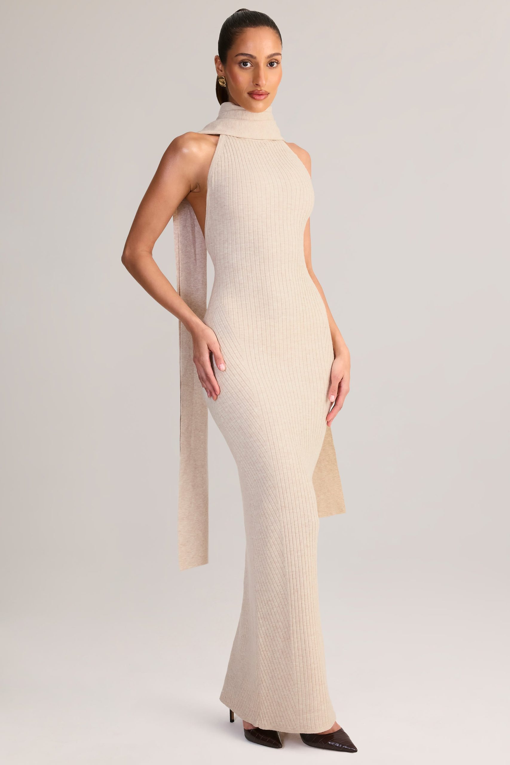 Rib-Knit Scarf-Detail Halterneck Maxi Dress in Cream - Image 5