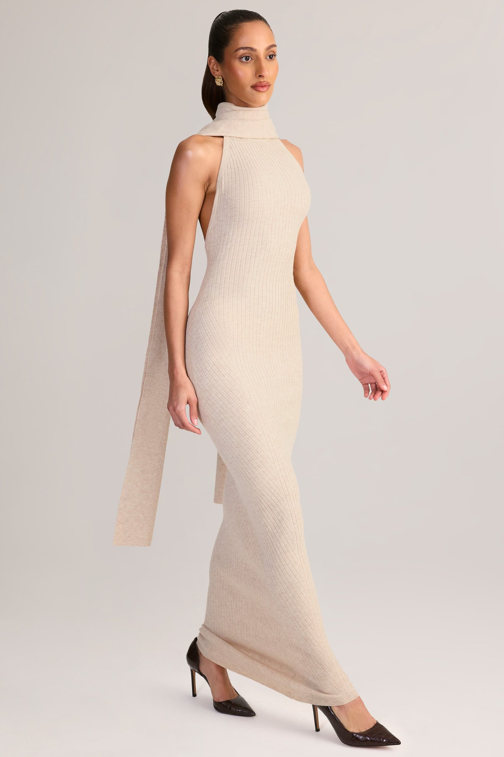 Rib-Knit Scarf-Detail Halterneck Maxi Dress in Cream - Image 6