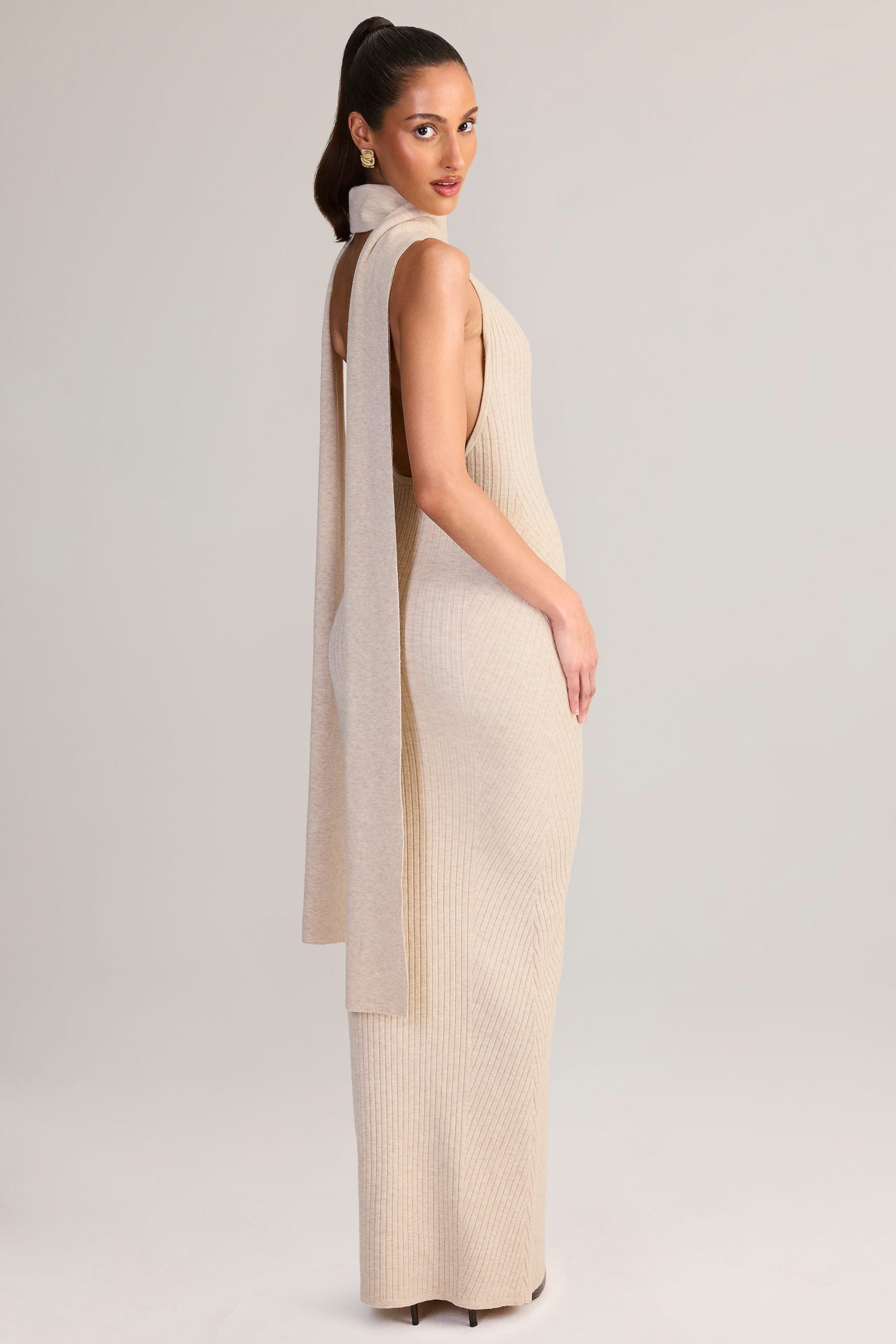 Rib-Knit Scarf-Detail Halterneck Maxi Dress in Cream - Image 7